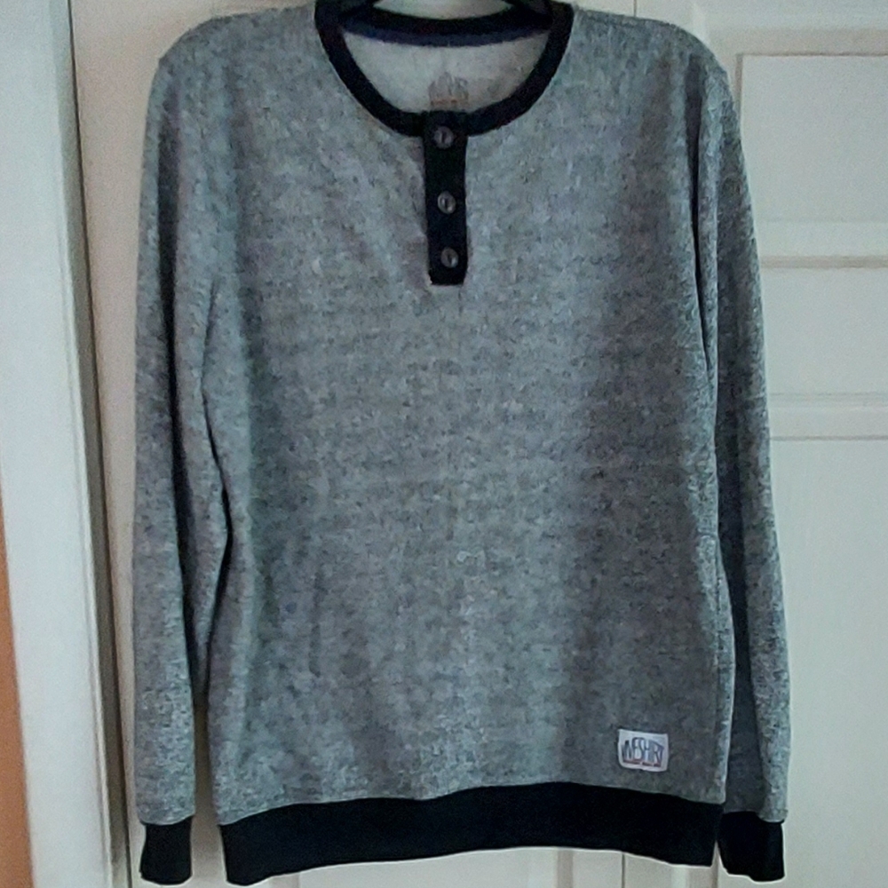 ViveShirt Mens Gray Heather Sweater Pullover Knit Shirt Size L Buttons Henley